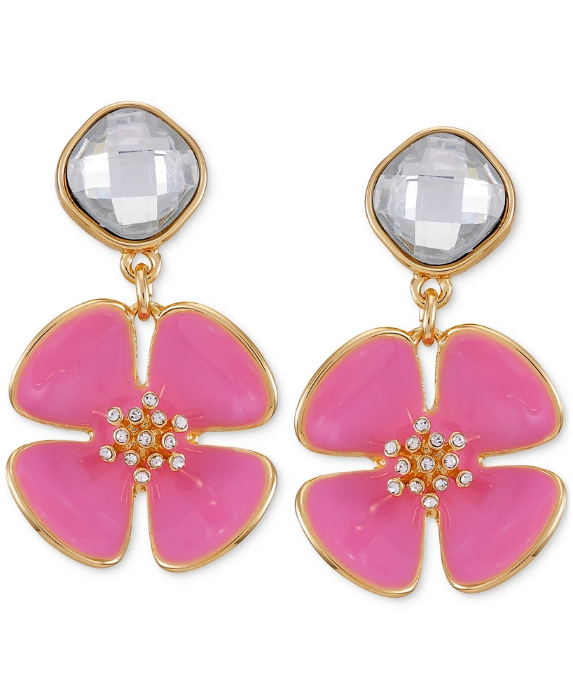 Guess Gold-Tone Crystal & Pink Flower Drop Earrings