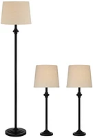 Carter Traditional 3 Piece Table Floor Lamp Set Black Metal Cream Fabric Tapered Drum Shade Decor for Living Room Bedroom House Bedside Nightstand Hom