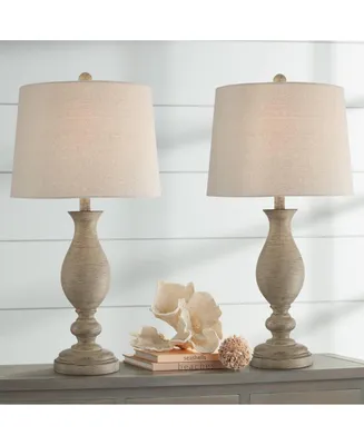 Serena Country Cottage Traditional Style Table Lamps 27.5" Tall Set of 2 Cream Beige Gray Faux Wood Oatmeal Drum Shade for Living Room Bedroom House B