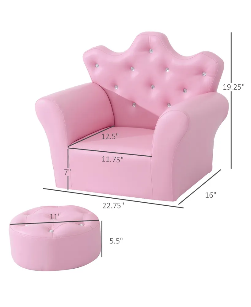 Qaba Kids Sofa Set, Children's Upholstered Sofa with Footstool, Princess Sofa with Diamond Decorations, Baby Sofa Chair for Toddlers, Girls, Pink