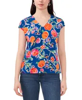 Vince Camuto Women's Floral V-Neck Cap Sleeve Knit Top