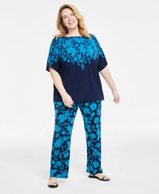 Jm Collection Plus Size Printed Elbow Sleeve Boat Neck Poncho Elena Printed Wide Leg Pants Created For Macys