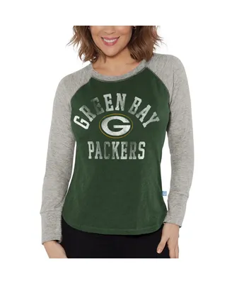 Women's G-iii 4Her by Carl Banks Green, Heather Gray Distressed Green Bay Packers Waffle Knit Raglan Long Sleeve T-shirt