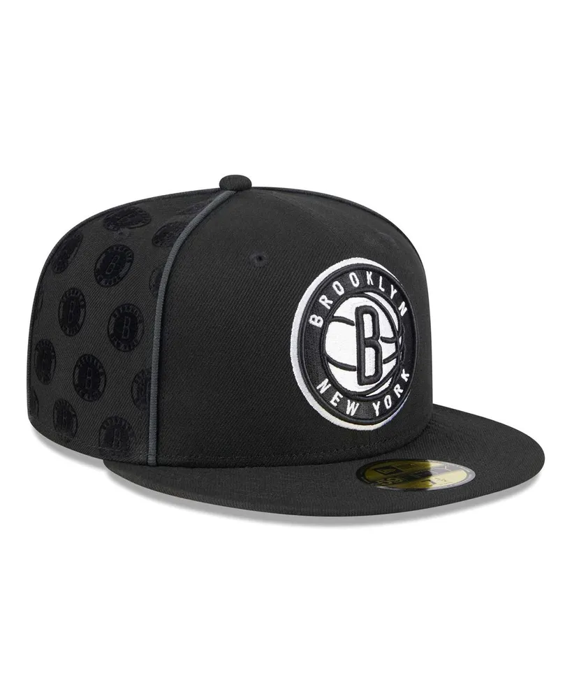 Men's New Era Black Brooklyn Nets Piped & Flocked 59Fifty Fitted Hat