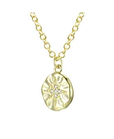 14K Gold Plated With Cubic Zirconia Engraved Round Pendant Necklace