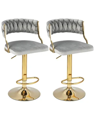 Swivel Velvet Bar Stools Set of 2 Upholstered Adjustable with Woven Backrest