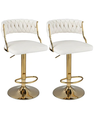 Swivel Velvet Bar Stools Set of 2 Upholstered Adjustable with Woven Backrest