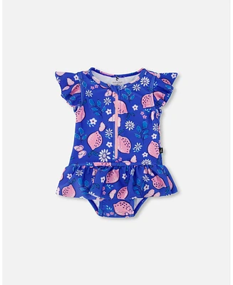 Baby Girl One Piece Swimsuit Royal Blue Printed Pink Lemon - Infant