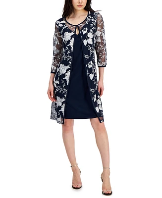 Connected Women's Embroidered Split Overlay 3/4-Sleeve Dress