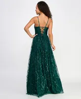 Say Yes Juniors' Glitter-Tulle Lace-Up V-Neck Gown, Created for Macy's