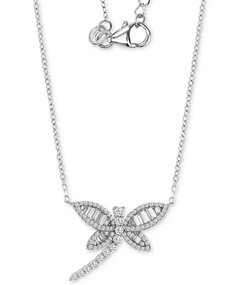 Cubic Zirconia Baguette & Round Dragonfly Pendant Necklace in Sterling Silver, 18" + 2" extender