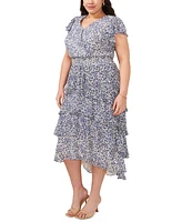 Msk Plus Size Printed Tiered Flutter-Sleeve Midi Dress