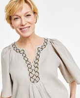 Charter Club Women's 100% Linen Embellished Split-Neck Top, Created for Macy's