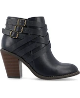 Journee Collection Women's Strap Round Toe Stacked Heel Dress Booties