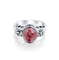 Bling Jewelry Flower Bezel Oval Pink Natural Rhodochrosite Fashion Ring Band For Women For Sterling Silver