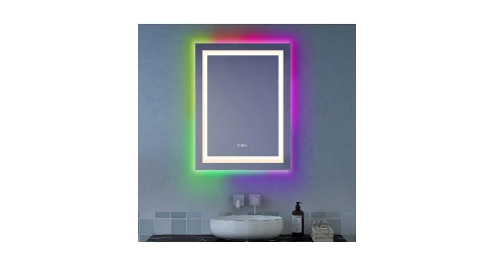 32 Inch x 24 Inch Bathroom Anti-Fog Wall Mirror with Colorful Light