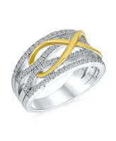 Bling Jewelry Two Tone Micro Pave Cz Accent Cubic Zirconia Crossover Intertwined Wide Statement Infinity Ring For Women Gold Plated Sterling Silver