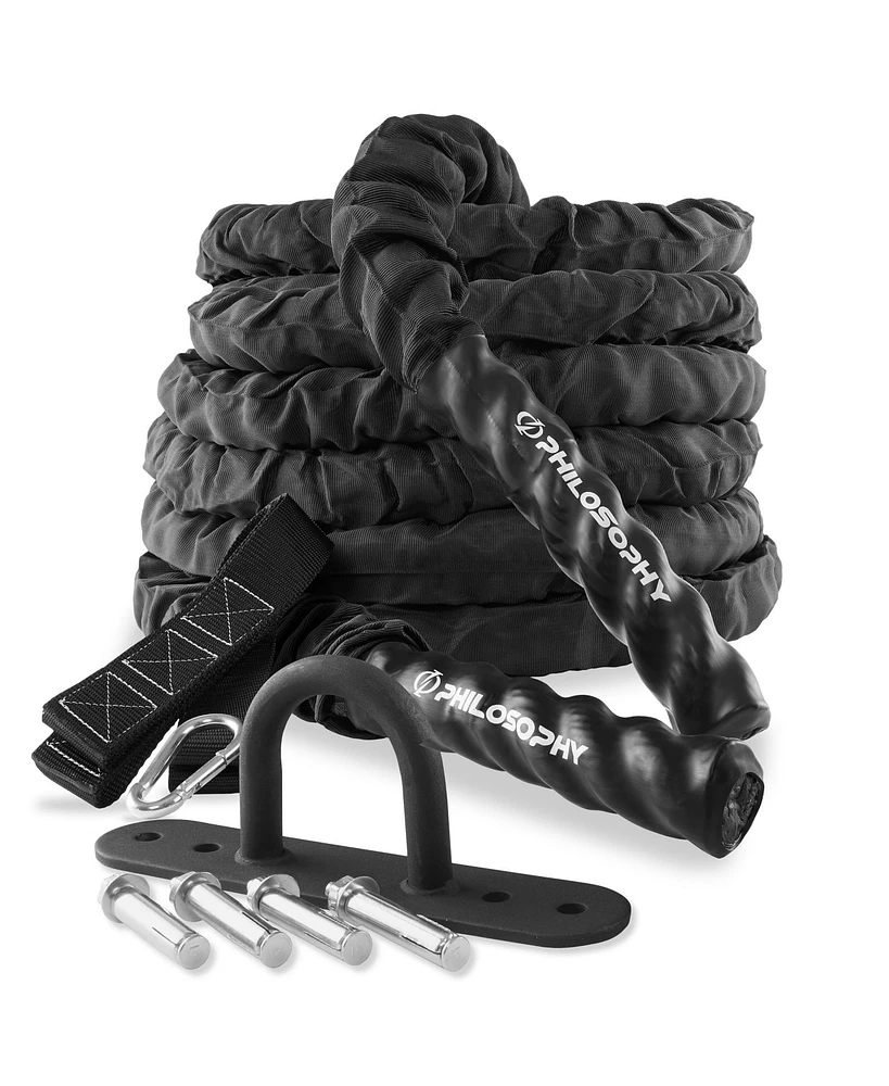 Philosophy Gym Foot Exercise Battle Rope Inch Diameter with Cover and Anchor Kit