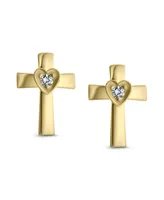 Bling Jewelry Tiny Minimalist Religious Christian Catholic CZ14K Gold Screw back Heart Cross Stud Earrings For Women For