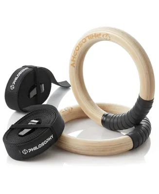 Philosophy Gym Wood Gymnastic Rings 1.25" Grip - Exercise Ring Set with Adjustable Straps, Grip Tape for Pull Ups, Dips, Muscle Ups