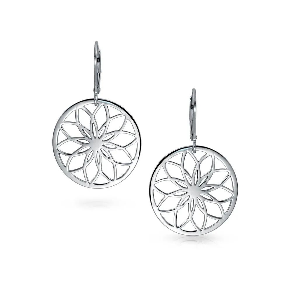 Geometric Floral Garden Round Circle Disc Cutout Flower Dangle Earrings For Women Teens .925 Sterling Silver Lever Back
