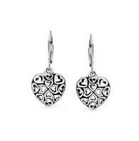 Open Lightweight Clover Flower Filigree Multi Heart Shape Puff Hearts Drop Dangle Earrings For Women Teens Oxidized .925 Sterling Silver Lever back