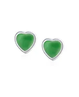 Bling Jewelry Heart Shaped Stud Earrings: Women Sterling Silver Bezel Set Green Natural Jade