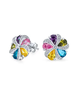 Rainbow Colorful Statement Multicolor Cz Swirling Circle Button Flower Stud Earrings For Women Teens Silver Plated