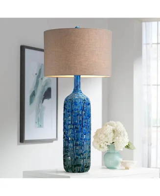 Mid Century Modern Style Table Lamp Ceramic Tiled Teal Tall Tan Linen Fabric Drum Shade Decor for Living Room Bedroom House Bedside Home Office Entryw