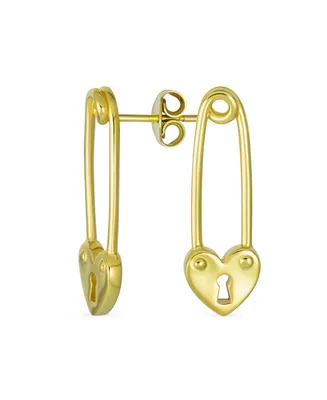 Inspirational Symbol Paper Clip Love Lock Drop Sweet Heart Safety Pin Earrings Stud For Women Teen 14K Yellow Gold Plated .925 Sterling Silver - Gold