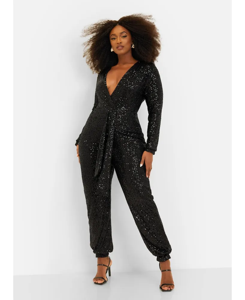 Rebdolls Women's Plus Size Empowered V-Neck Long Sleeve Sequin Jumpsuit