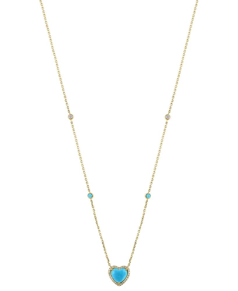 Effy Turquoise & Diamond (1/6 ct. t.w.) Heart Halo Pendant Necklace in 14k Gold, 16" + 2" extender