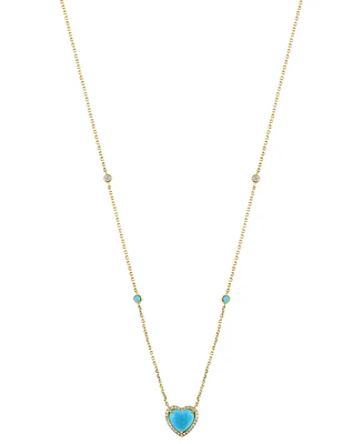 Effy Turquoise & Diamond (1/6 ct. t.w.) Heart Halo Pendant Necklace in 14k Gold, 16" + 2" extender