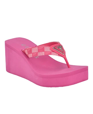 Guess Women's Demmey Logo Thong Square Toe Wedge Sandals - Dark