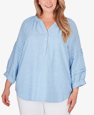 Ruby Rd. Plus Size Chambray Solid Clip Dot Blouse