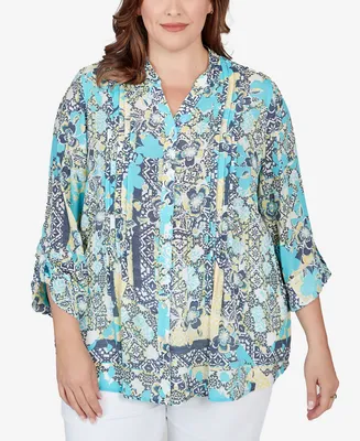 Ruby Rd. Plus Seaside Silky Gauze Patchwork Button Front Top