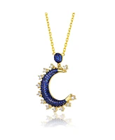 Sterling Silver with 14K Gold and Black Plated Blue Cubic Zirconia Moon Charm Necklace
