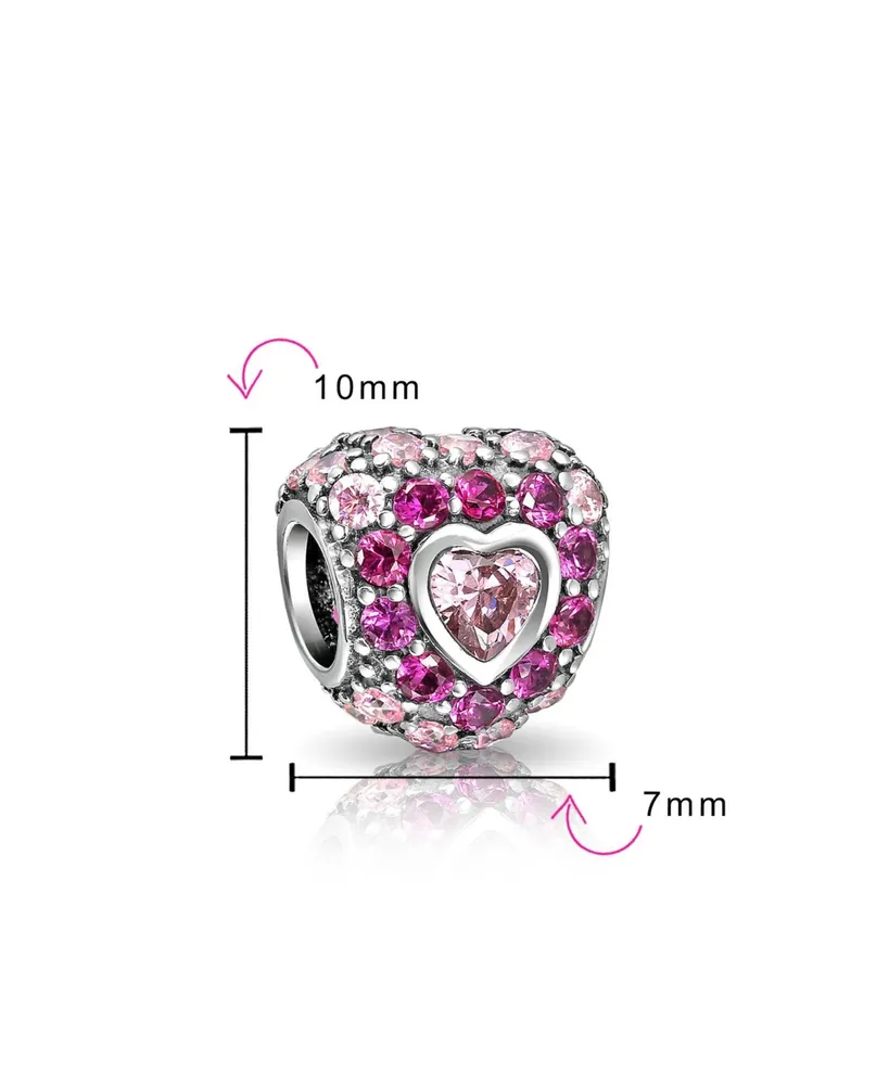 Hot Pink Fuchsia Cubic Zirconia Cz Pave Heart Charm Bead For Women Girlfriend Sterling Silver For European Bracelet