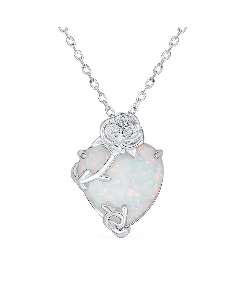 Bling Jewelry Opulence Heart Shape White Synthetic Opal Cz Rose Flower Accent Pendant Necklace Sterling Silver 16-18 Inch