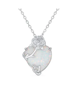 Bling Jewelry Romantic Opulence Gemstone Heart Shape White Created Opal Cz Rose Flower Accent Pendant Necklace Sterling Silver October Birthstone 16