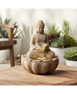 Calm Buddha Zen Outdoor Water Fountain with Light Led 14" High Faux Sandstone Resin Meditation Decor for Garden Patio Yard Home Lawn Porch House Relax