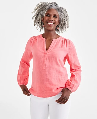 Style & Co Women's Cotton Gauze Split-Neck Blouse, Created for Macy's