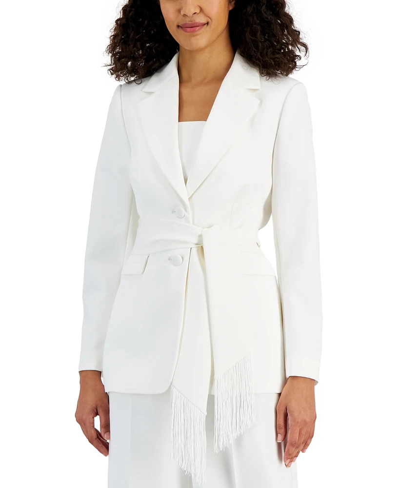 Tahari Asl Women's Fringed Tie Waist Front Button Blazer