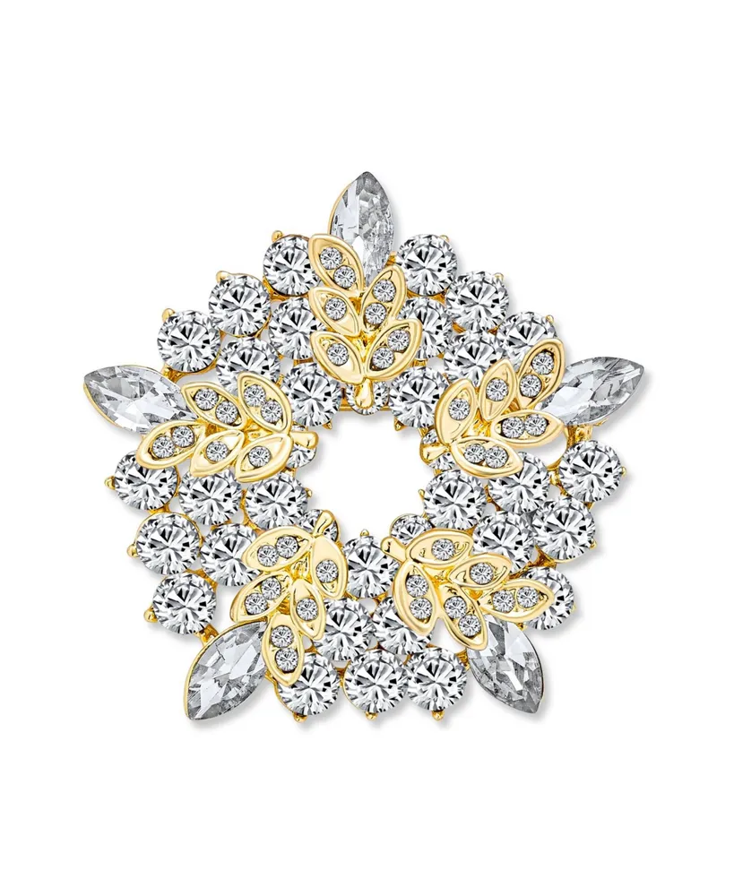 Bling Jewelry Large Two Tone Golden Crystal Fashion Holiday Circle Wreath Scarf Brooch Pin Gold Silver Plated