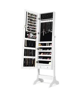 Lockable Mirrored Jewelry Cabinet Armoire Storage Organizer Box-White