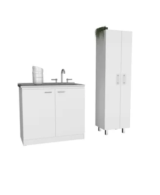 Simplie Fun Quince 4-Door 2-Piece Kitchen Set, Utility Sink Cabinet And Pantry Cabinet White
