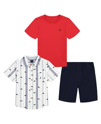 Nautica Baby Boys Short Sleeve T-shirt, Print-Stripe Shirt and Twill Shorts, 3-Pc Set