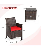 3 Pieces Patio Cushioned Rattan Conversation Set With Glass Table Top
