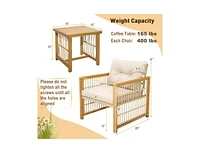 3 Pieces Patio Pe Wicker Conversation Set with Acacia Wood Frame and Cushions