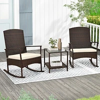 Sugift 3 Piece Patio Rocking Set Wicker Rocking Chairs with 2-Tier Coffee Table